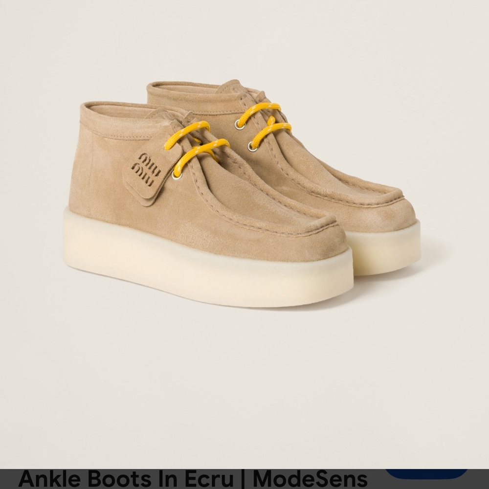 Miu Miu Ecru Suede Ankle Booties with Yellow Laces
